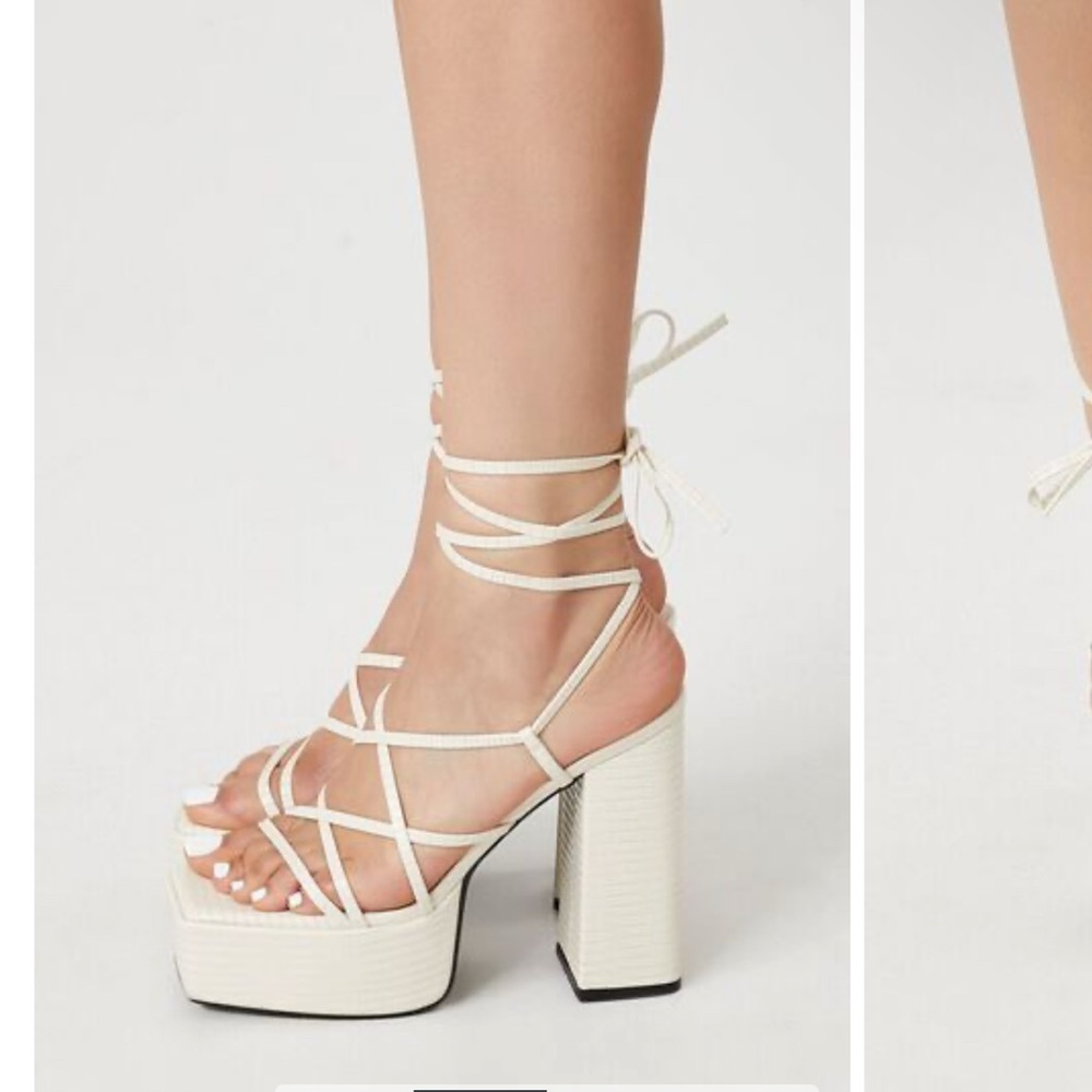 White crocodile print chunky heel